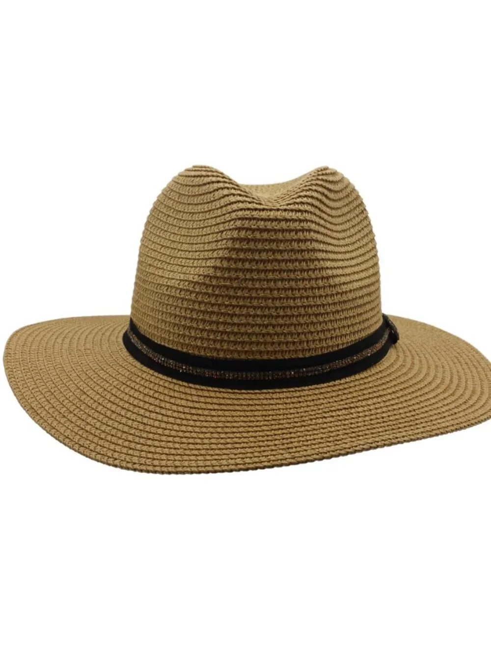 Iluma Straw Fedora Wide Brim Hat Tan with Black band and Rhinestone accents- NEW